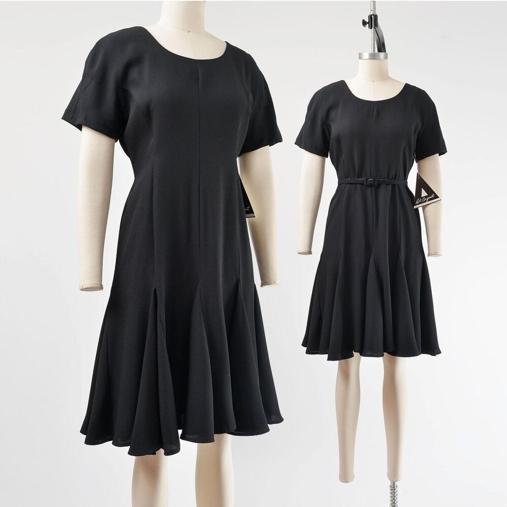 Vintage 90s Black Cocktail Full and Flowy Flounce Hem Dolman Sleeve Dress S